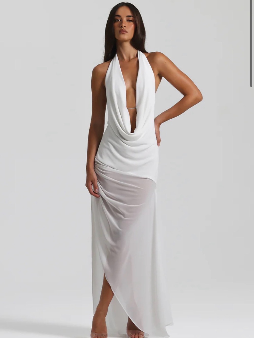 Natalie rolt- Anastasia White Backless Cowl Halter Maxi Dress